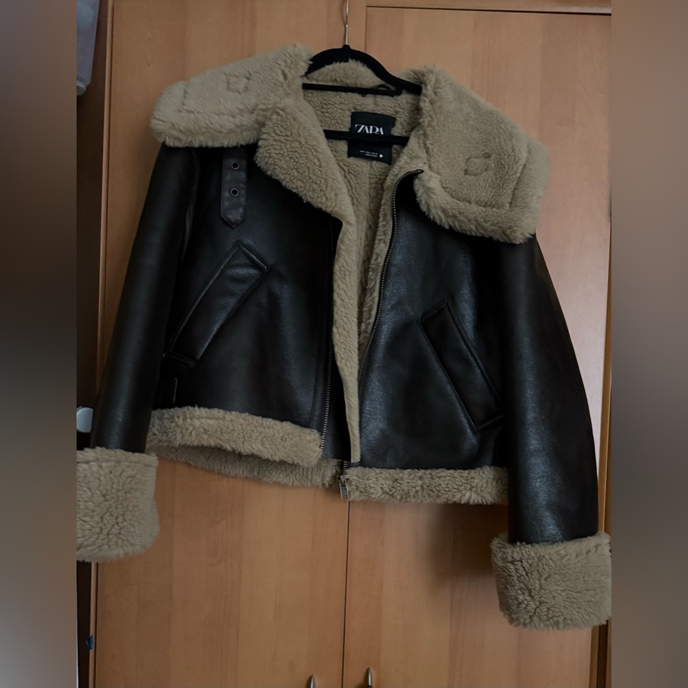 Zara Brown Faux Leather Aviator Jacket with Beige Shearling Trim